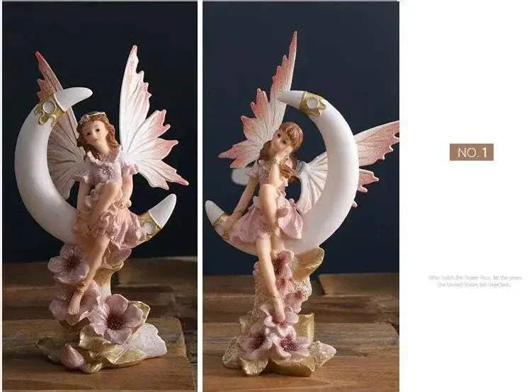 Nordic Beautiful Healing Girl Fairy Resin Ornament sitting on crescent moon with pink wings and floral base decoration