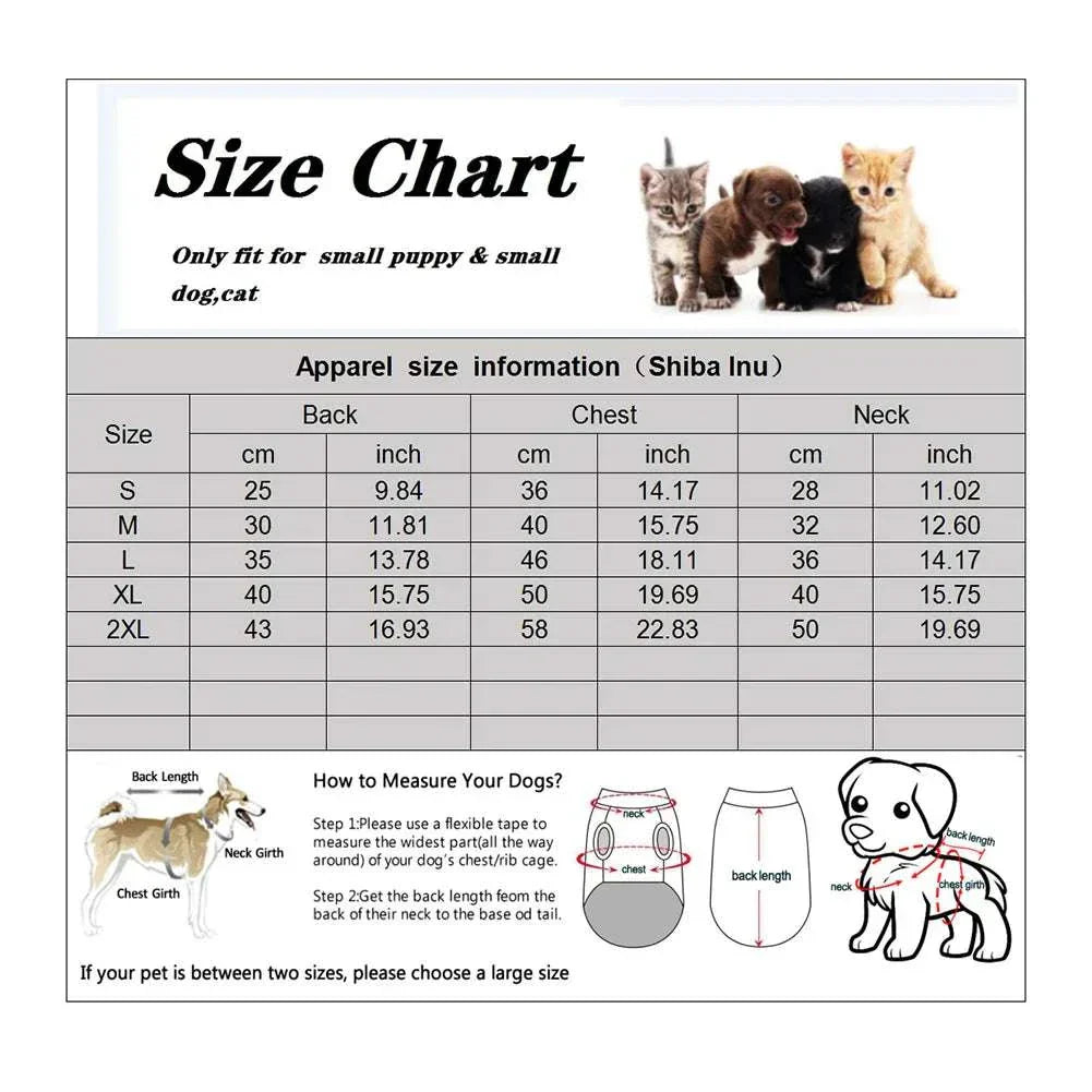 Christmas puppy sweater size chart for small dogs and cats with measurements for back, chest, and neck