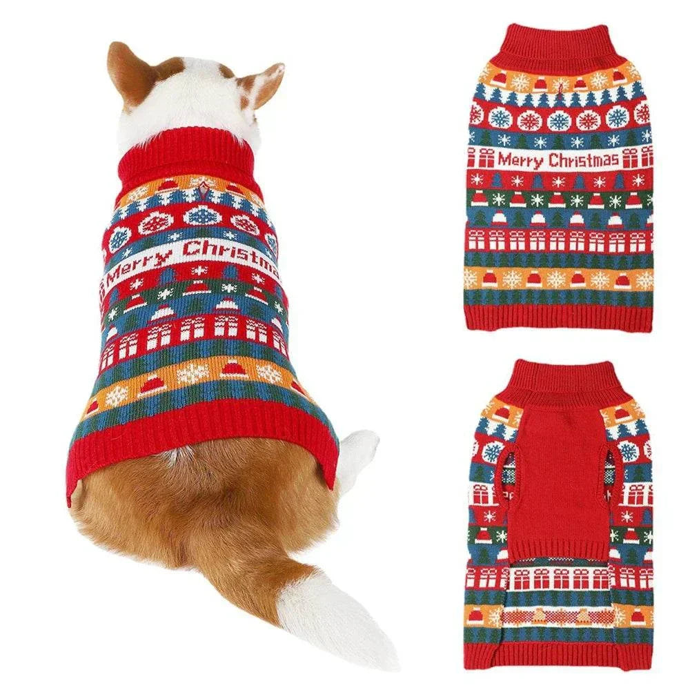 Christmas puppy sweater with festive patterns on small dog, warm knitted pet clothing for winter holidays