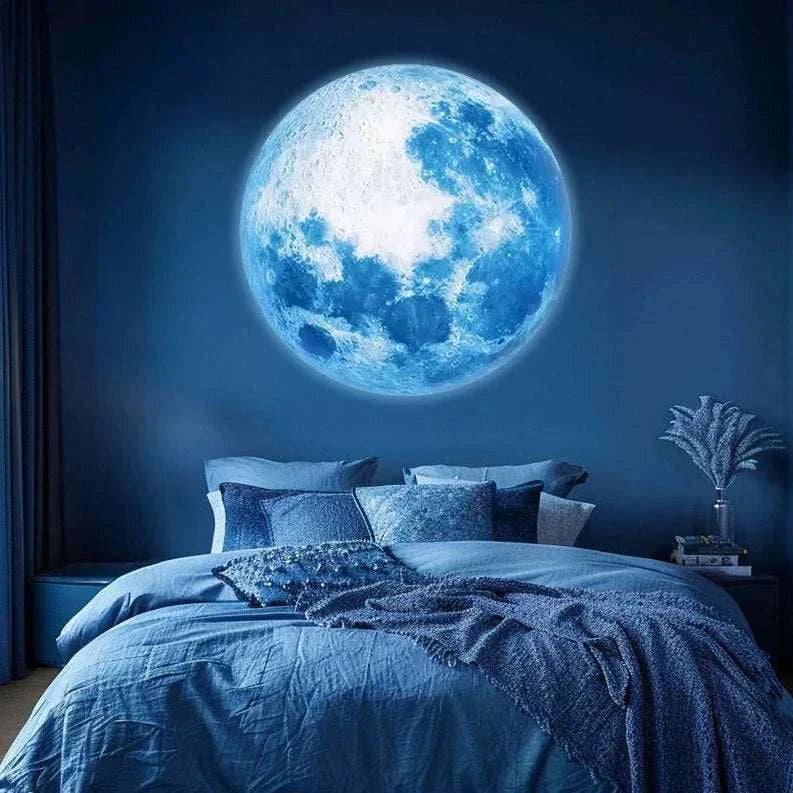 Blue moon projection lamp casting ambient light above bed in bedroom for romantic atmosphere