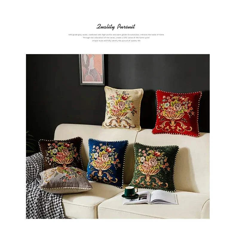 Set of jacquard flower cushion pillowcases with high precision embroidery in various colors on living room sofa