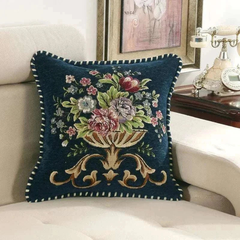 Jacquard flower cushion pillowcase with retro European floral embroidery on navy blue fabric for sofa backrest 45x45cm