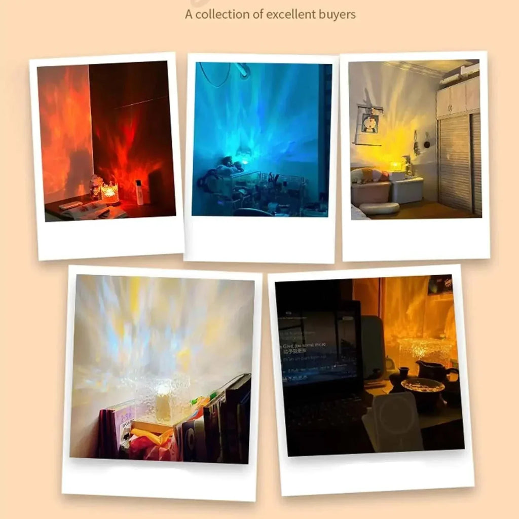 Ocean Wave Projector Light projecting colorful water wave patterns in various home and office settings