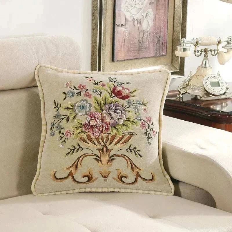 Jacquard flower cushion pillowcase with embroidered floral design on beige sofa backrest, 45x45 cm
