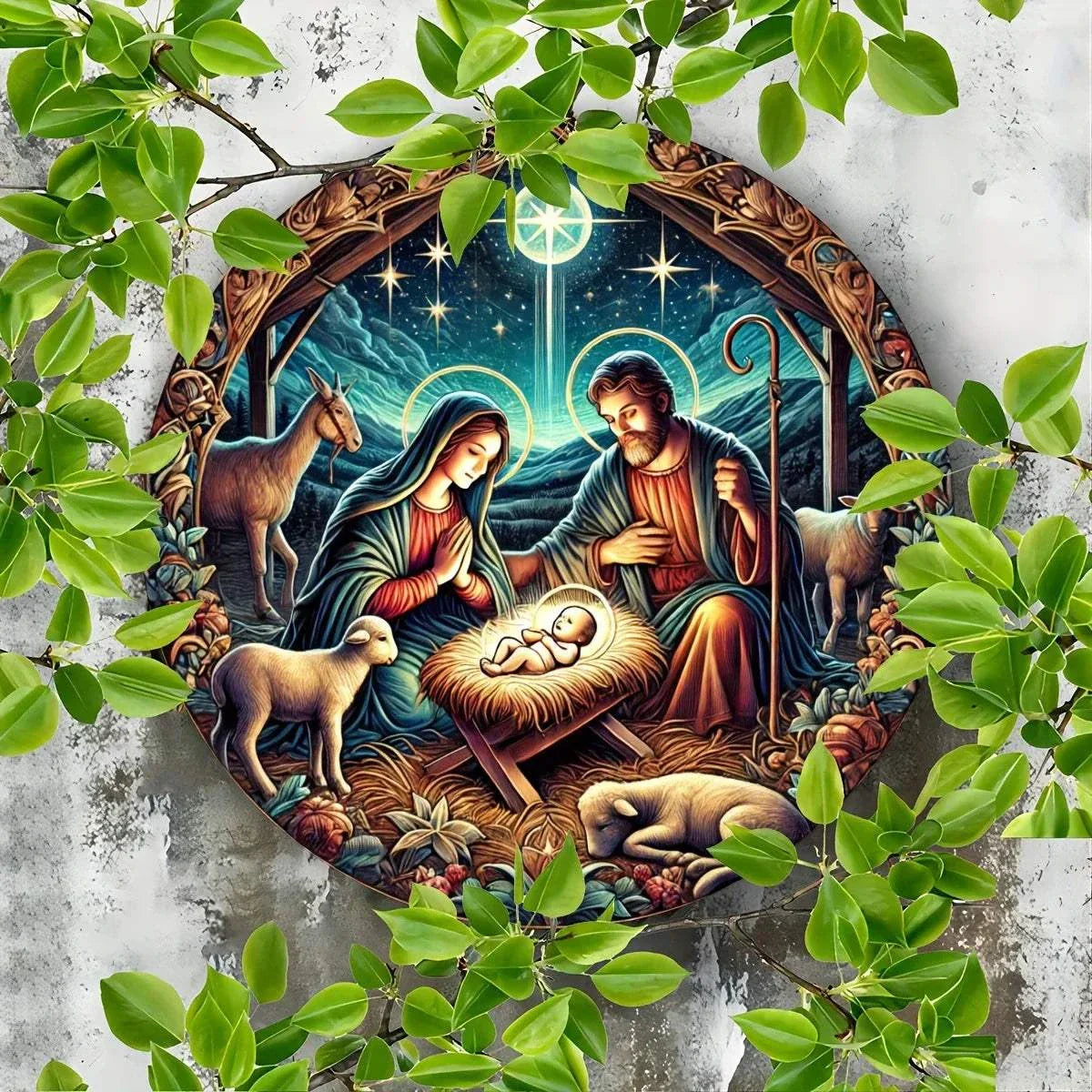 Round aluminum nativity scene plaque with Mary, Joseph, baby Jesus, animals, and star, weatherproof Christmas wall decor.