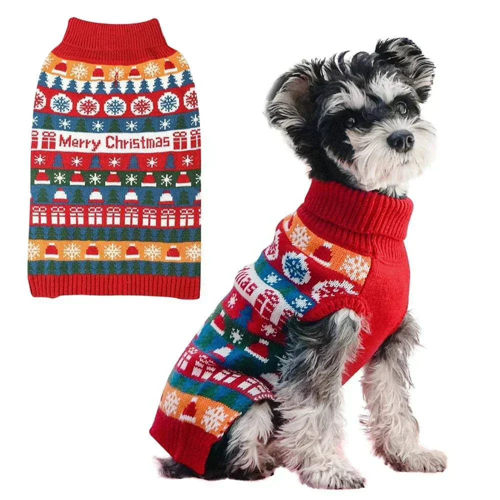 Christmas puppy sweater with festive patterns and "Merry Christmas" text on small dog