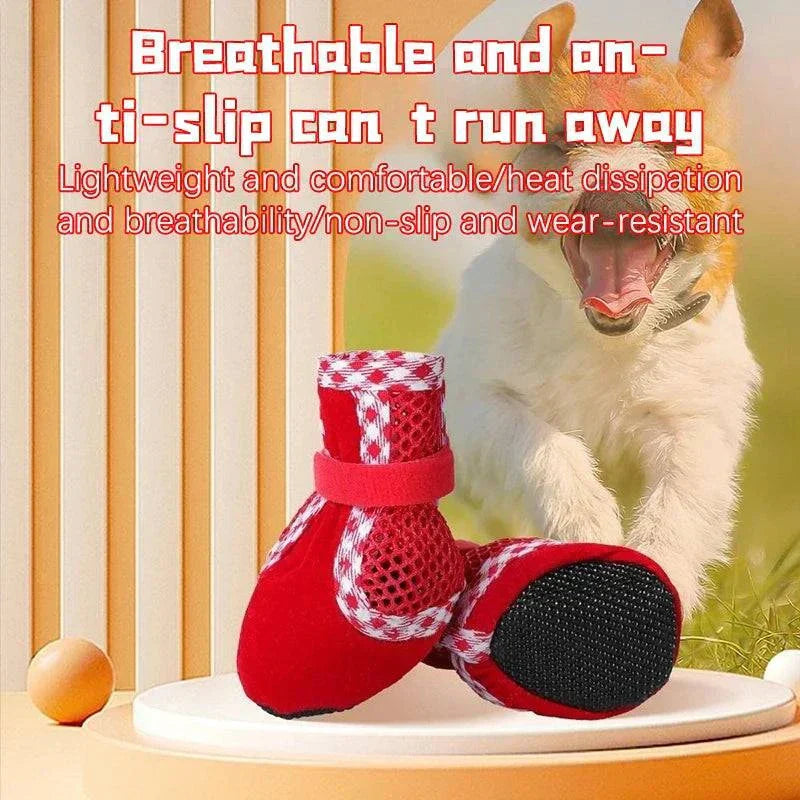 Wear resistant red breathable non-slip dog boots with adjustable drawstring for small pets outdoors
