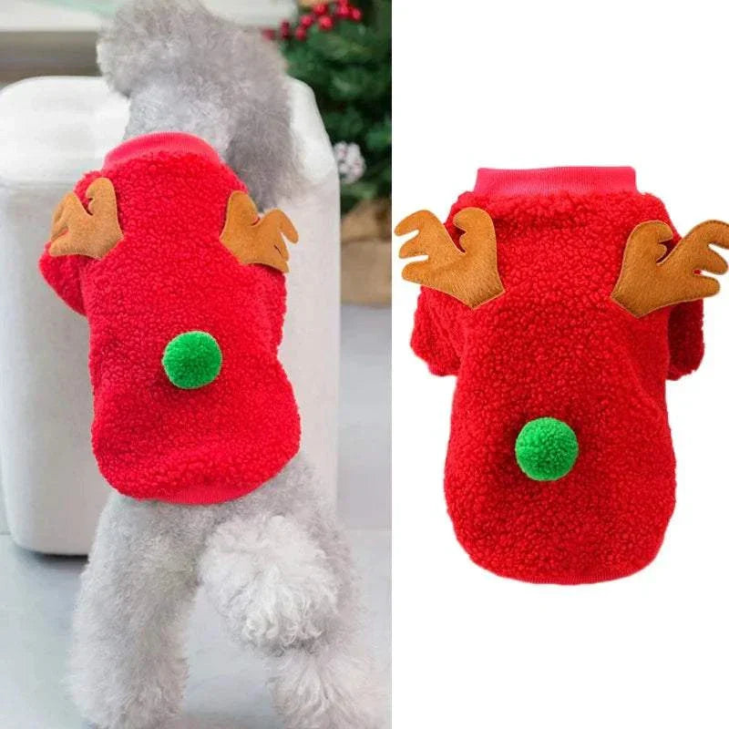 Red Christmas pet clothes dog sweater with antlers and green pom-pom festive design winter coat