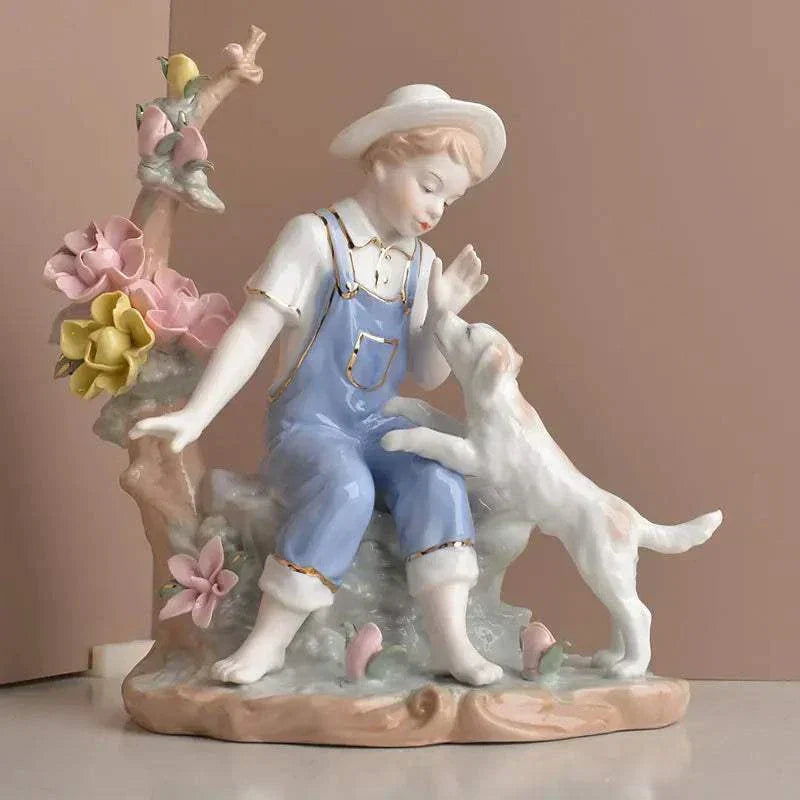 Modern minimalist European style ceramic figurine of a boy in overalls playing with a dog, decorative home decor piece