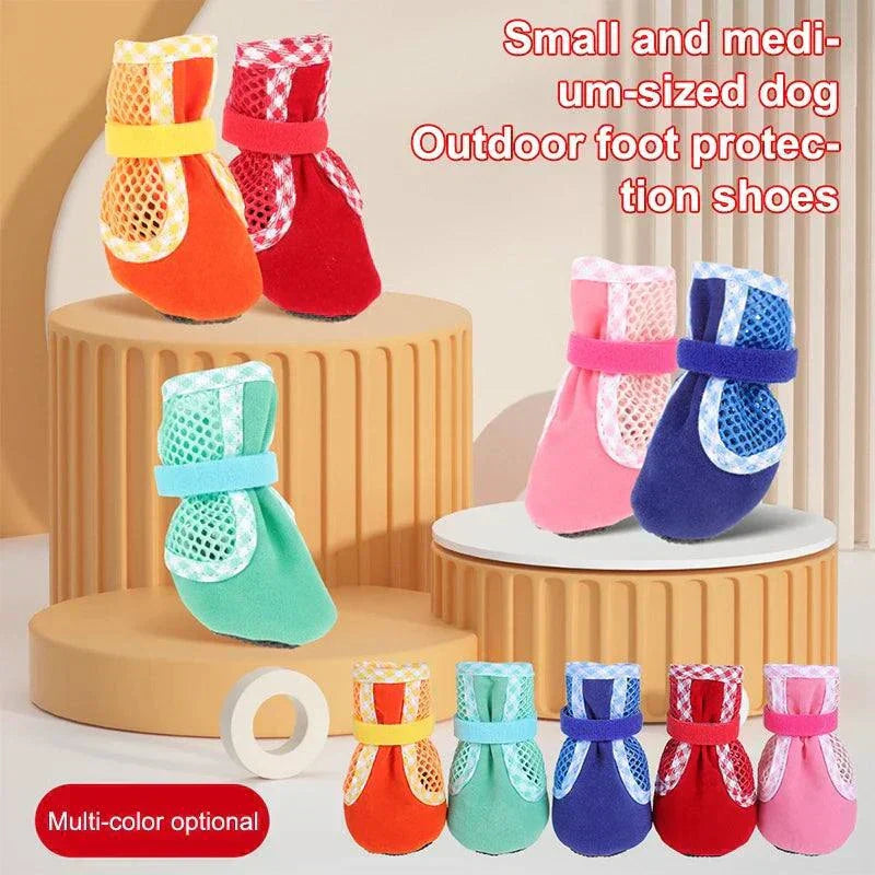 Wear resistant dog cat boots in multiple colors with non-slip, breathable mesh and adjustable drawstrings for small and medium-sized pets.