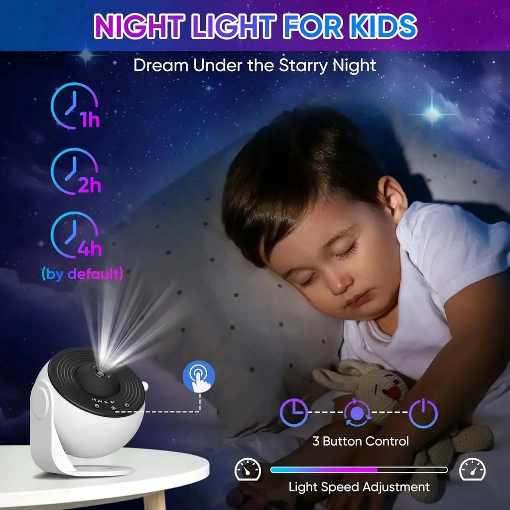 Galaxy projector for bedroom projecting starry night on ceiling with child sleeping nearby and adjustable timer and light speed controls