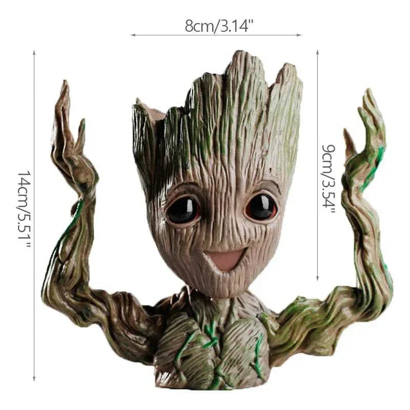 Modern Groot-themed decorative flower vase planter with raised arms, plastic material, American style, medium size 14cm height.