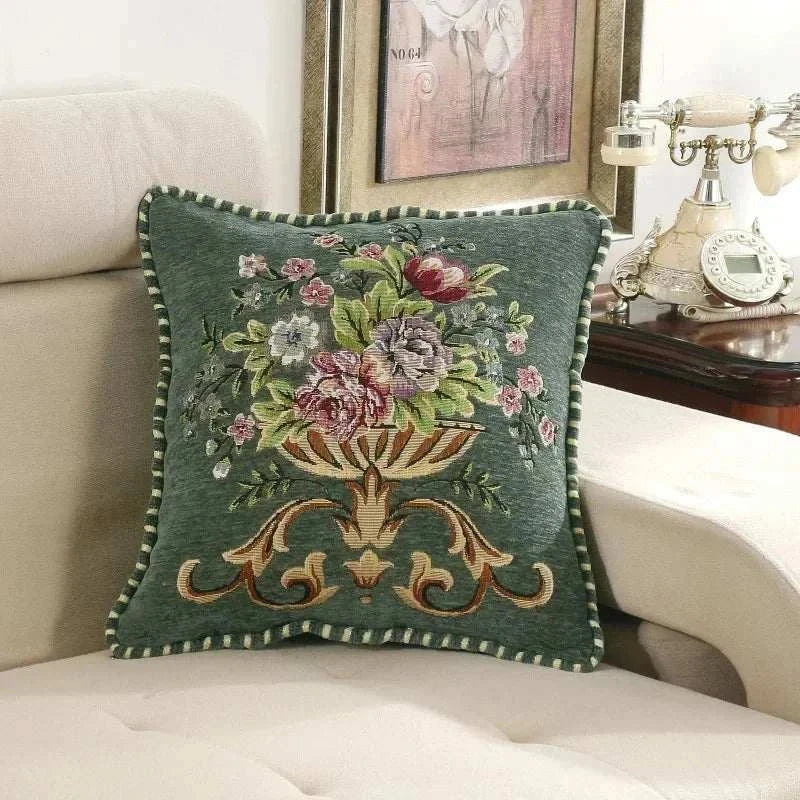 Jacquard flower cushion pillowcase with embroidered floral pattern on green fabric, 45x45 cm, retro European style sofa backrest cover