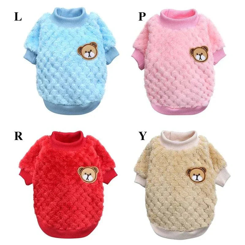 Soft fleece warm pet sweaters for small dogs with bear patch in blue, pink, red, and beige colors