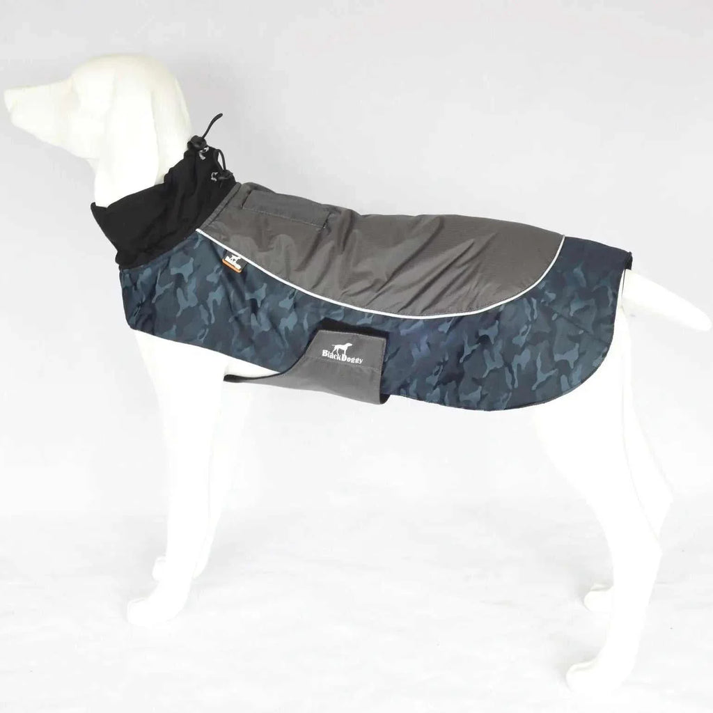 Warm winter dog coat with waterproof fabric and reflective trim for outdoor hiking and camping, size M