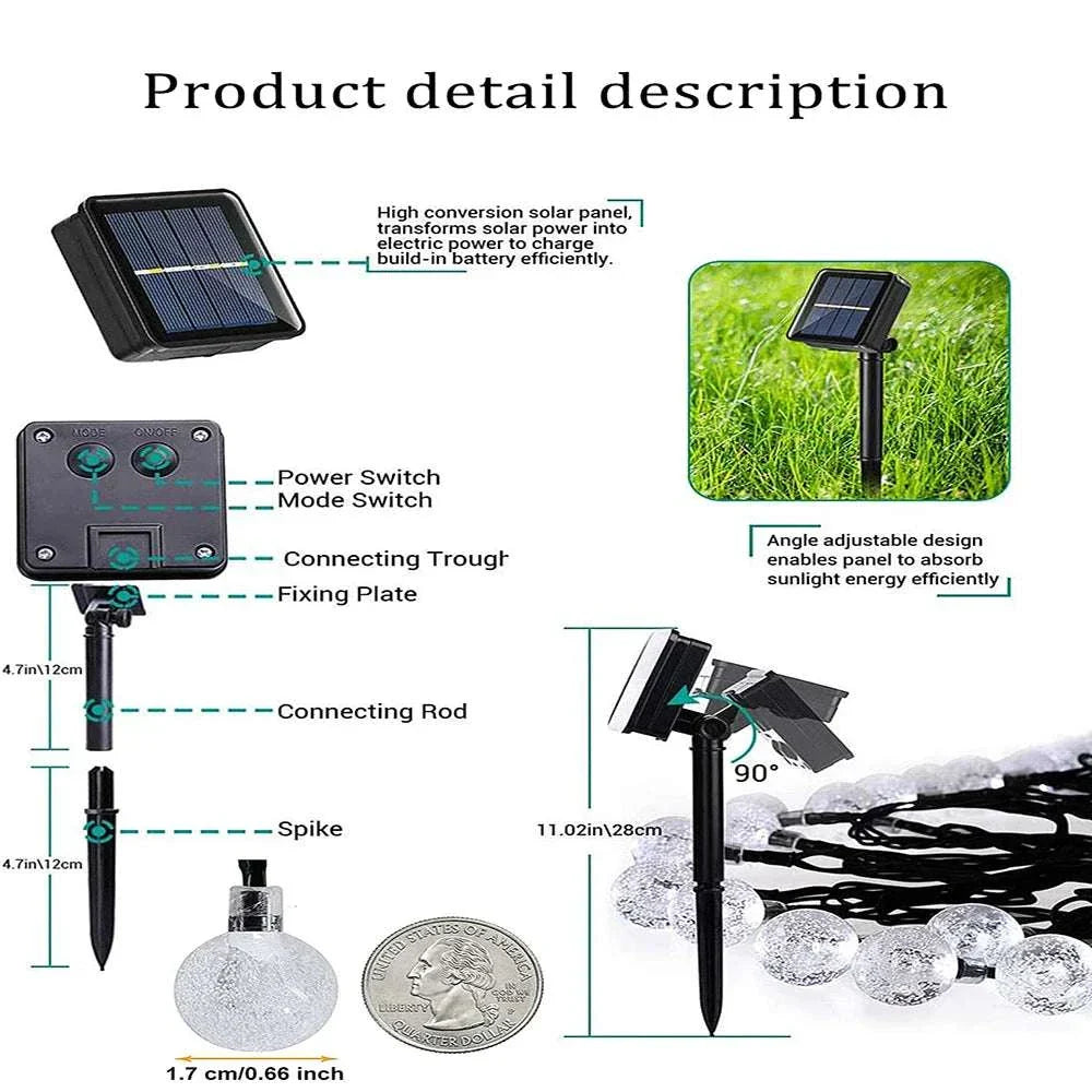 Solar Bubble Ball String Lights with adjustable solar panel, waterproof design, 8 lighting modes, and warm white LED bulbs for outdoor garden and holiday decoration.