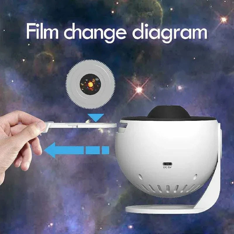 Galaxy projector for bedroom showing film change mechanism with white round LED night light lamp