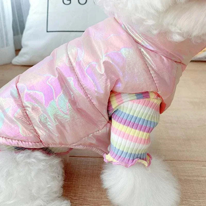 Small dog wearing pink waterproof winter pet clothes jacket vest