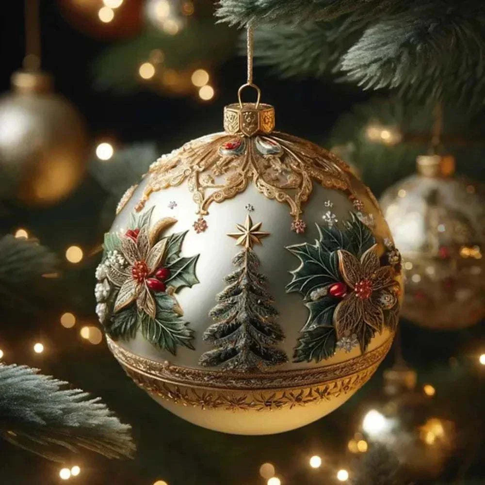 Fairy Tale Planet Christmas tree decoration acrylic flat pendant with festive holly and tree design