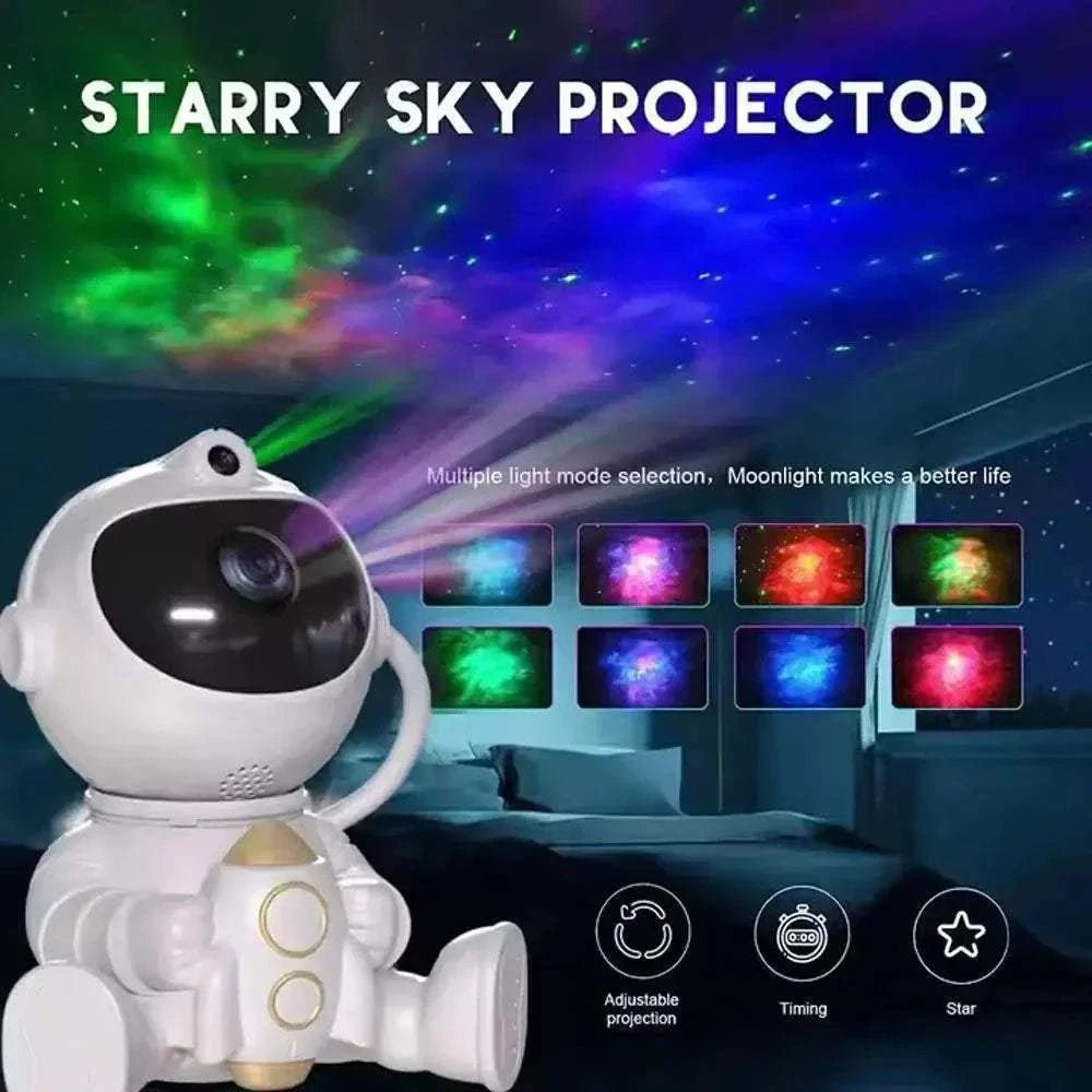 Astronaut Galaxy Projector projecting colorful starry sky lights in a bedroom setting with multiple light modes and adjustable projection features