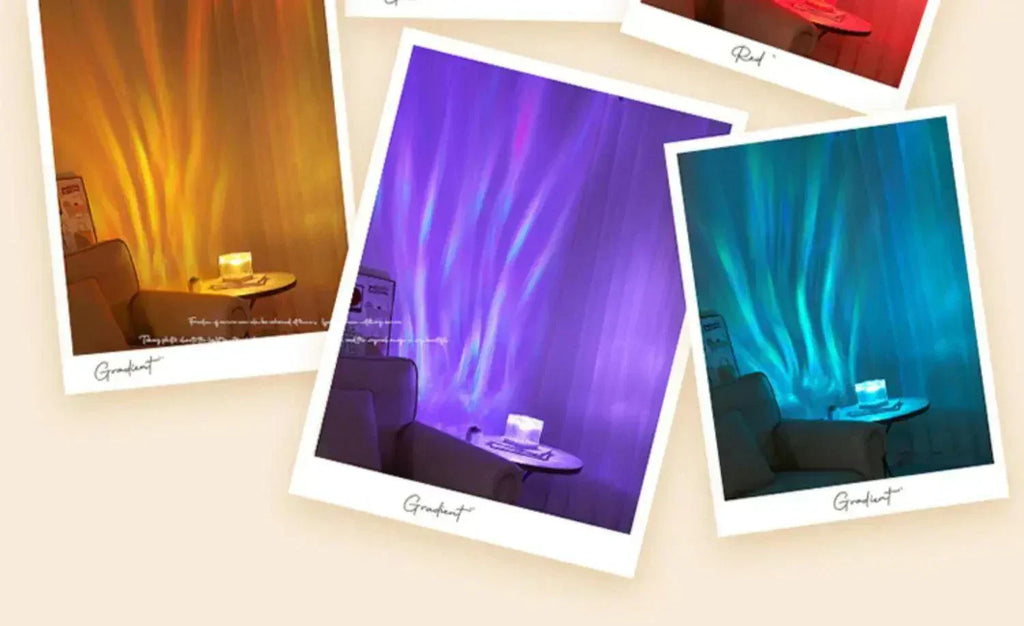 Northern Light starry sky projector lamp showing colorful ocean wave lights in a room setting for party and home decor