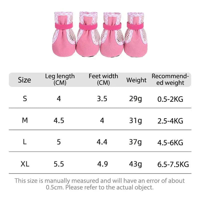 Wear resistant pink adjustable dog cat boots with anti-slip sole for small pets, breathable mesh fabric pet shoes.