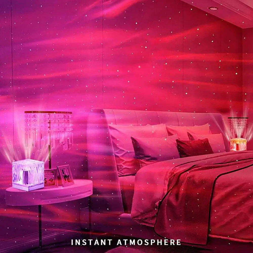 Northern Light starry sky projector lamp creating ocean wave and aurora effects in a cozy bedroom setting