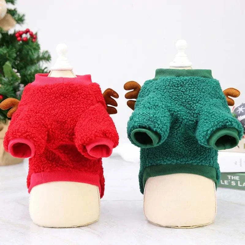 Christmas pet clothes fleece dog sweaters in red and green with antler decorations for small dogs and puppies