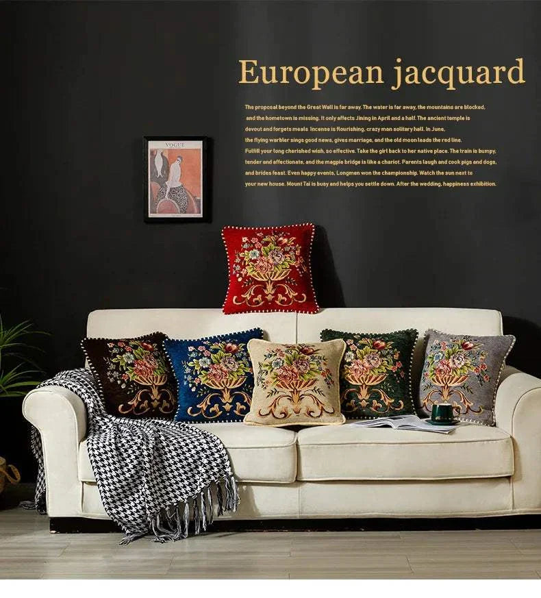 Jacquard flower cushion pillowcases with high precision floral embroidery on a living room sofa, vintage European style, 45x45cm pillows