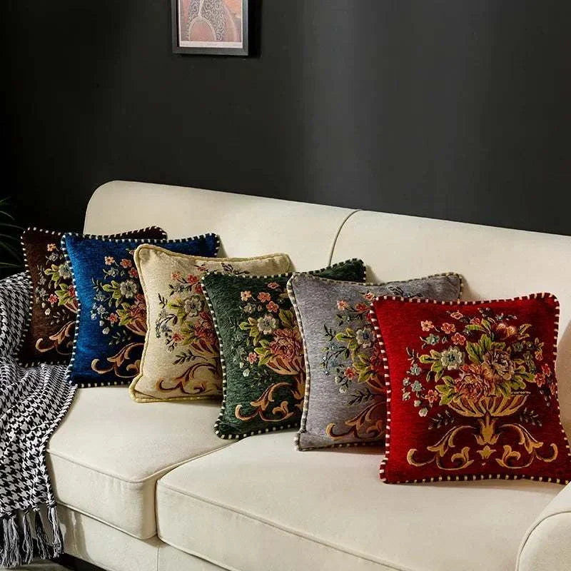 Jacquard Flower Cushion Pillowcase Retro European Style Living Room Sofa Backrest High Precision Embroidery Cushion Cover 45*45 - Kendoro