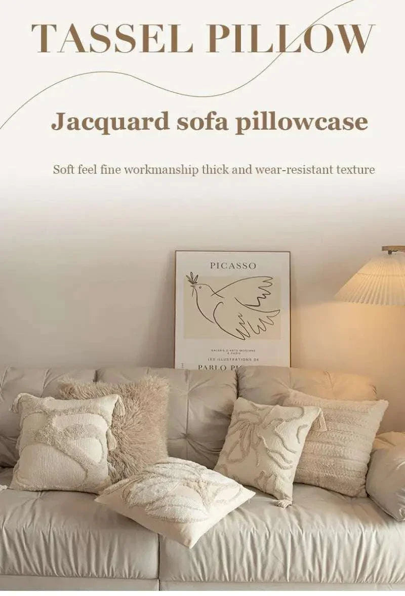 Jacquard embroidery cushion cover 45x45 with tassel decoration on sofa