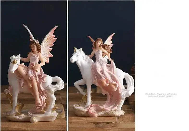 Nordic beautiful healing girl fairy resin ornament figurine sitting on white unicorn with pink wings for home decor