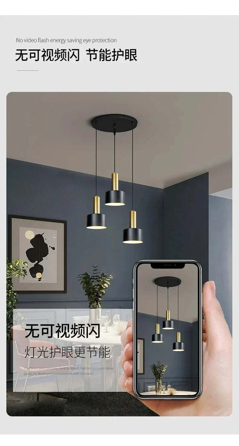 Nordic Simple Three-Chandelier Lamp with sleek metal frame and pendant lights for modern living room and dining decor