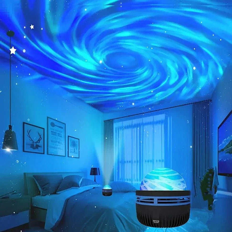 LED Galaxy Projector Light projecting colorful galaxy sky in bedroom for kids room and party decoration