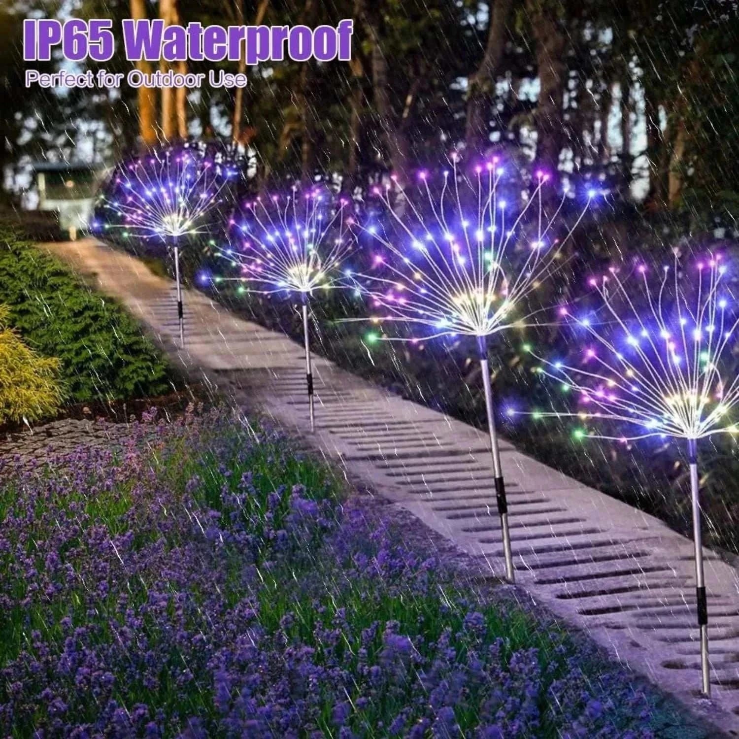 Solar firework string lights in garden pathway, waterproof outdoor decorative lighting with colorful glowing bulbs