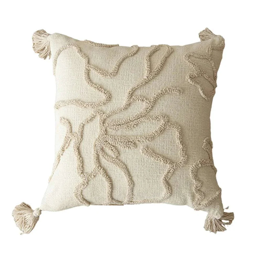 Beige jacquard embroidery cushion cover with tassels on corners, 45x45 cm decorative pillow for sofa and bed