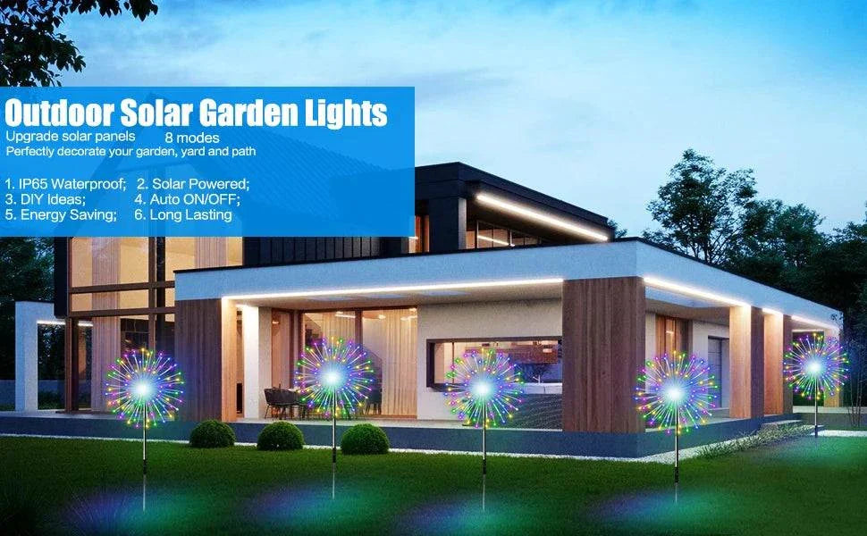 Colorful solar firework string lights in garden with modern house background, waterproof outdoor decoration with 8 modes and remote control