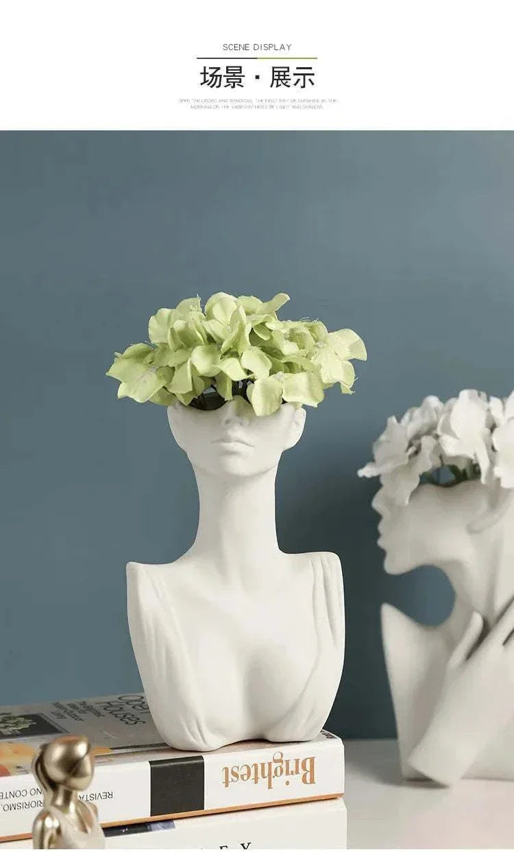Modern ceramic woman body model vase with green plant, Nordic style tabletop flower pot home decor