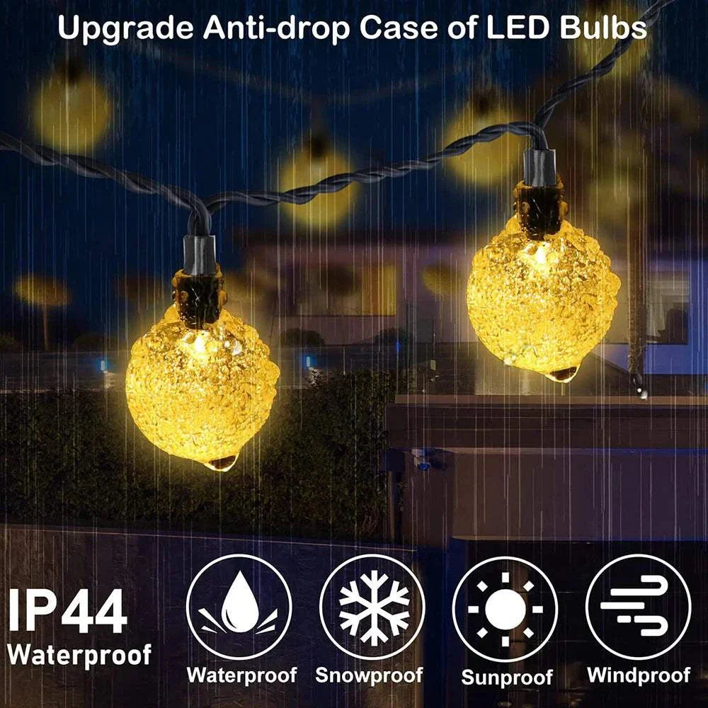 Solar Bubble Ball String Lights LED outdoor waterproof garden decoration with warm white LED bulbs and anti-drop case, suitable for holiday parties and Christmas.