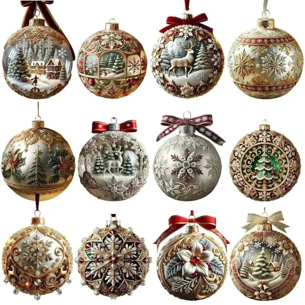 Fairy Tale Planet Christmas Tree Decoration set of elegant acrylic flat pendants with festive winter and holiday designs