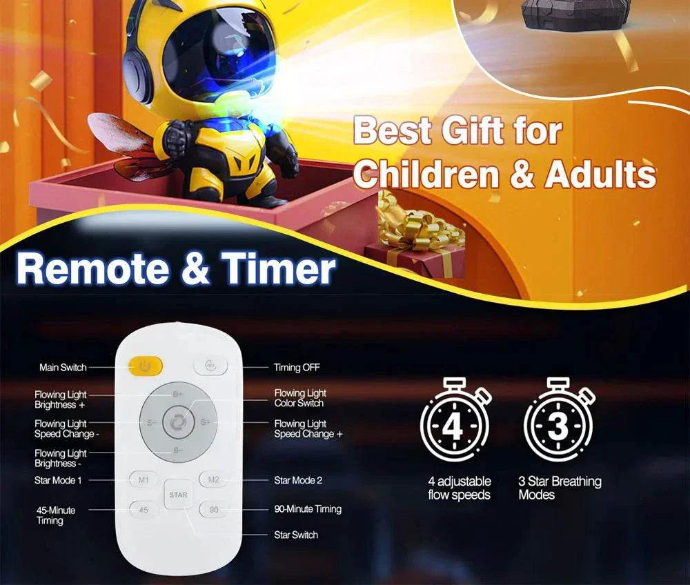 Bee-themed star projector galaxy night light with remote control and timer, ideal for kids room decor and gifting