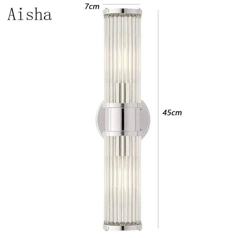 Modern luxury wall lamp with clear glass shade, gold iron body, suitable for living room or bedroom lighting.