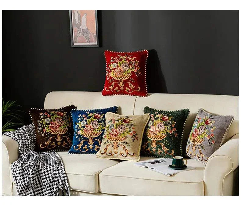 Jacquard flower cushion pillowcases with high precision floral embroidery on sofa in various colors