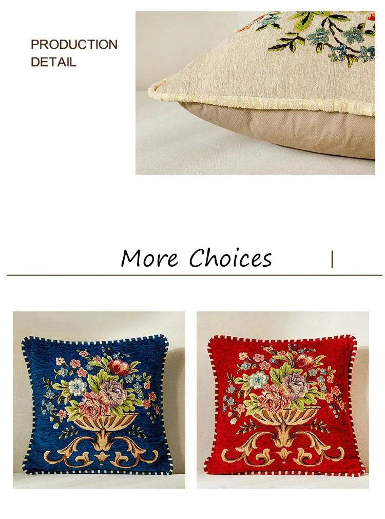 Jacquard flower cushion pillowcase with intricate floral embroidery in blue and red, retro European style sofa throw pillows, 45x45cm