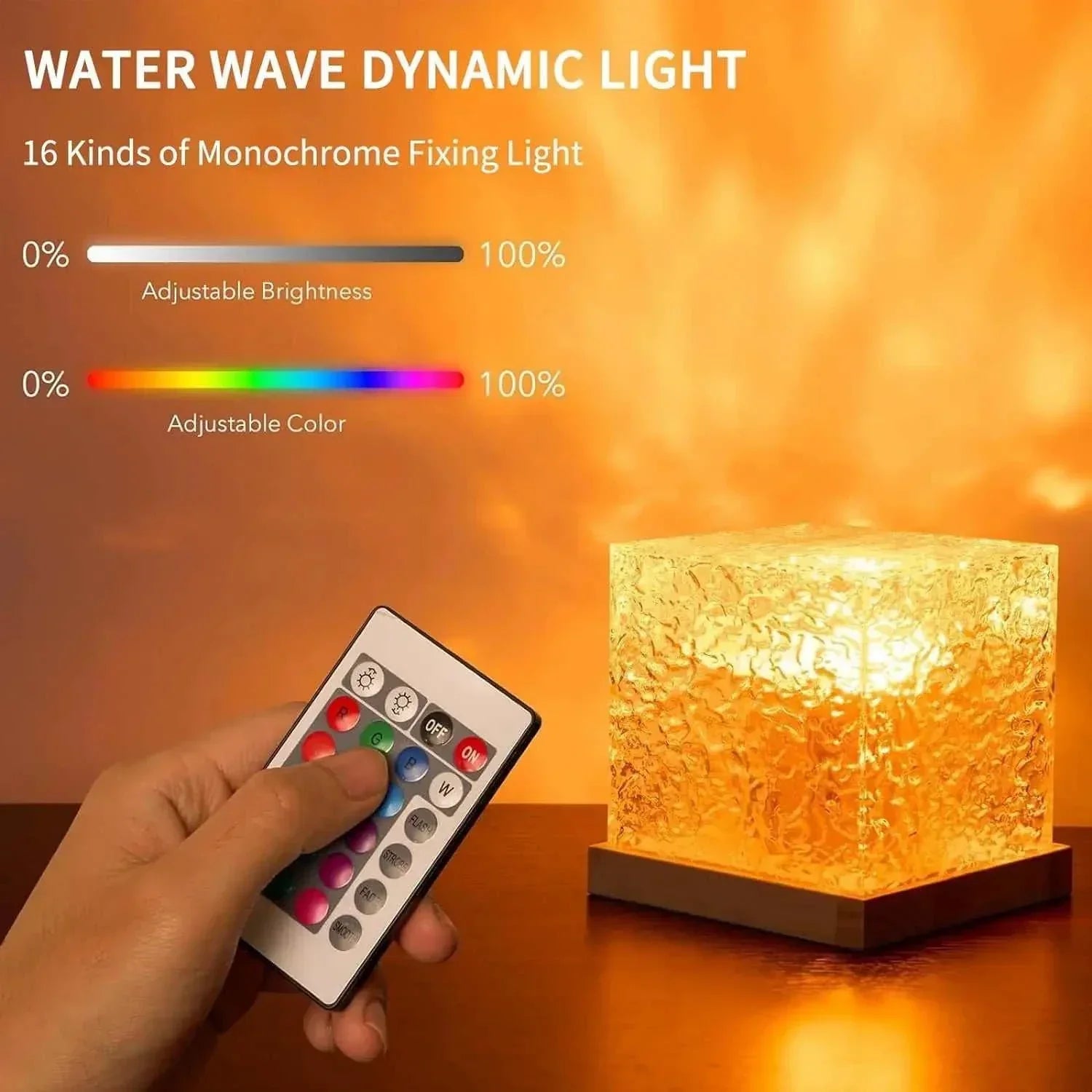 Ocean wave projector light with 16 colors and adjustable brightness controlled by remote for home and office ambiance