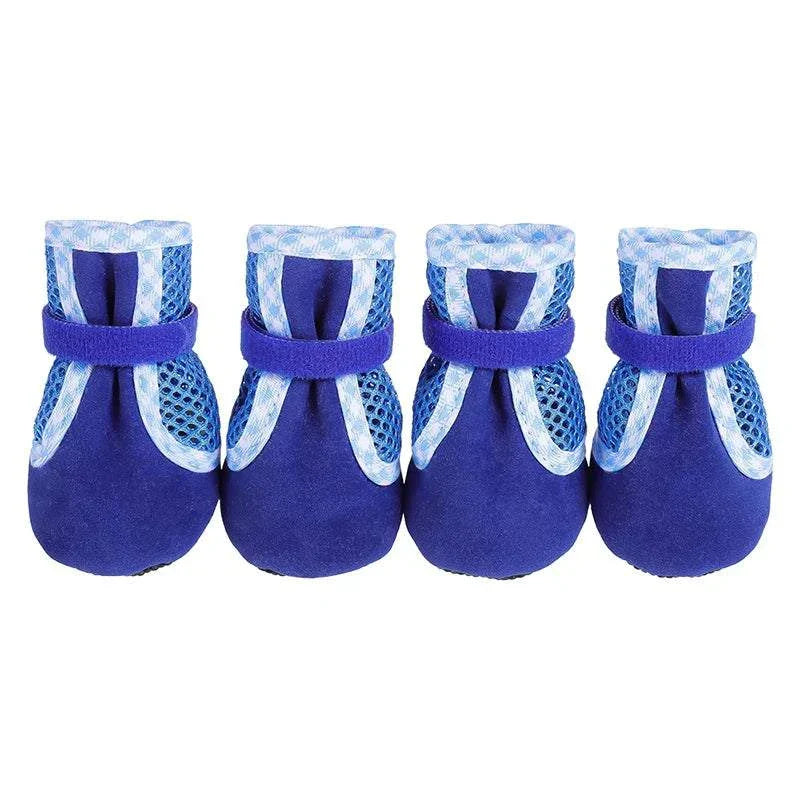 Set of blue wear resistant dog cat boots with adjustable straps and breathable mesh fabric