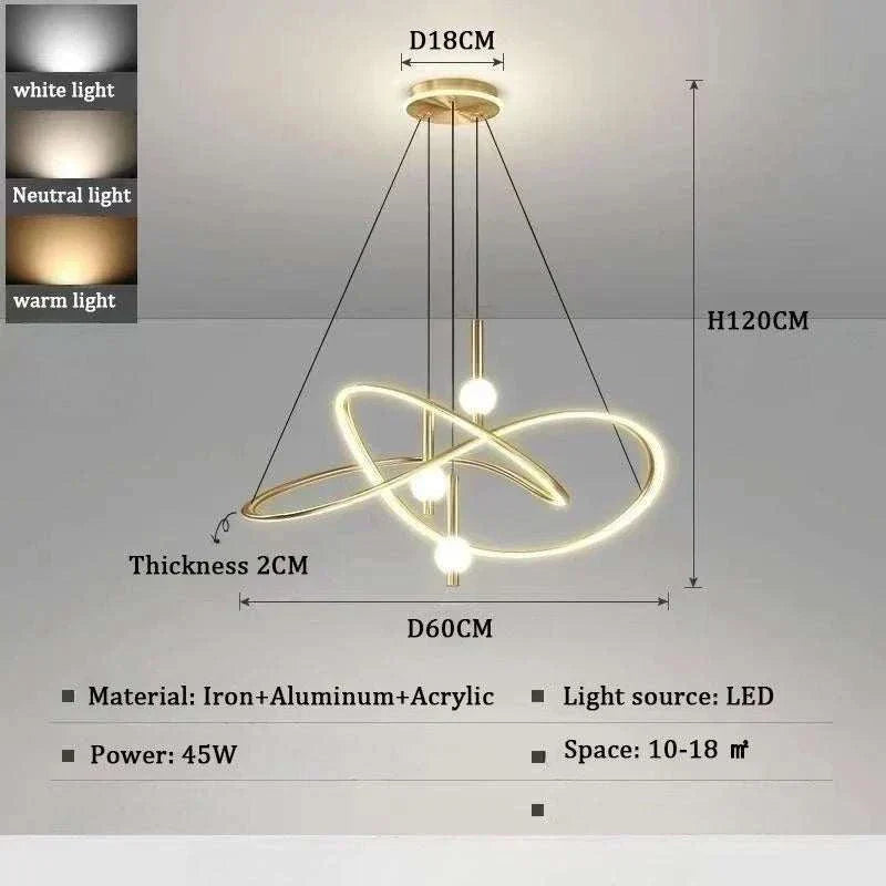 New LED modern ceiling chandelier with adjustable rings, iron and aluminum frame, LED light source, 45W power, suitable for living room, kitchen, dining, and bedroom decor