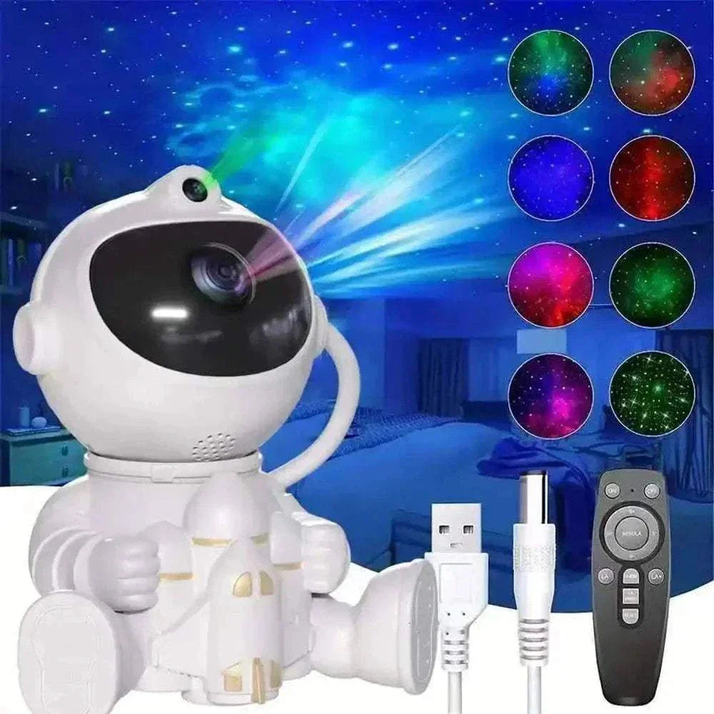 Astronaut galaxy projector night light with LED bulbs, remote control, and USB power for bedroom ambiance and kids gifts