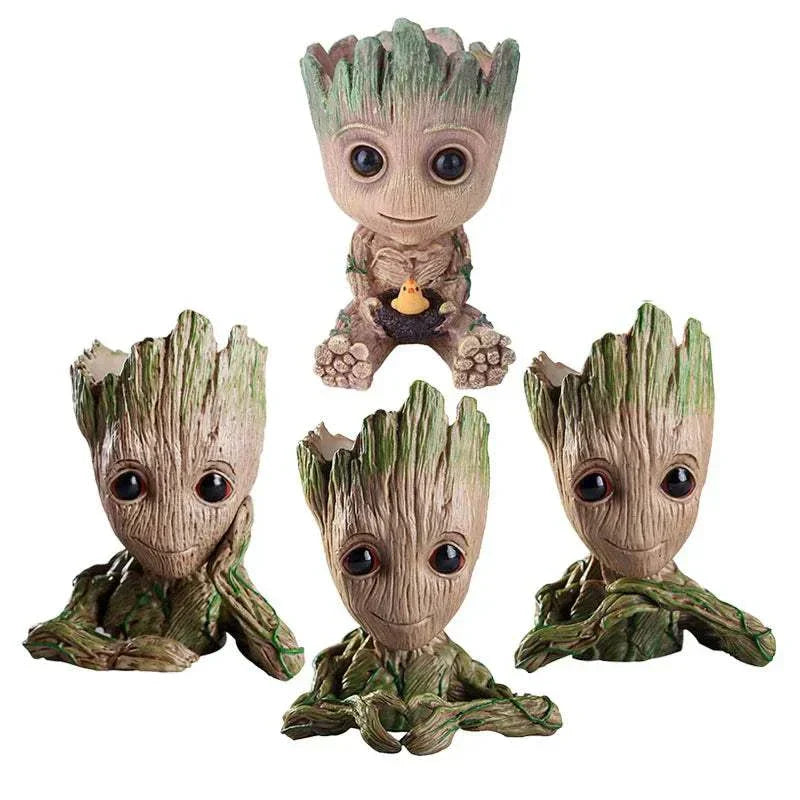 Set of modern Groot garden pots and planters designed as decorative flower vases and anime figurines for home and office storage.