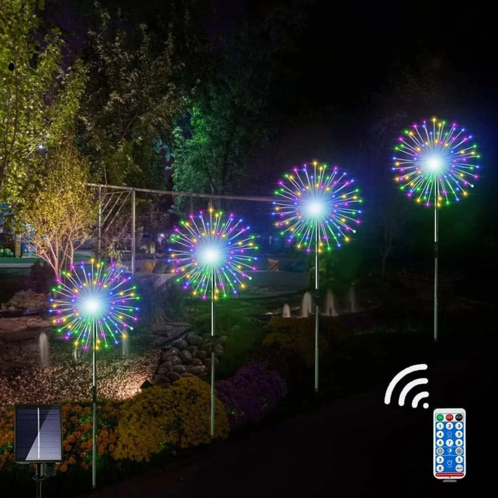Outdoor solar firework string lights with colorful LED design and remote control for garden and patio decoration
